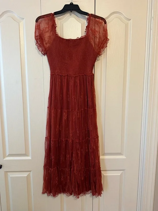Ember Women’s Rust Lace/Mesh Tiered Midi Dress  Sz. M - Picture 3 of 13